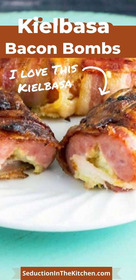 Quick Chocolate Mousse, Bacon Wrapped Kielbasa Bites, Bacon Wrapped Kielbasa, Meaty Appetizers, Grilled Kielbasa, Kabasa Recipes, Kielbasa Bites, Bacon Recipes Appetizers, Grilled Appetizers