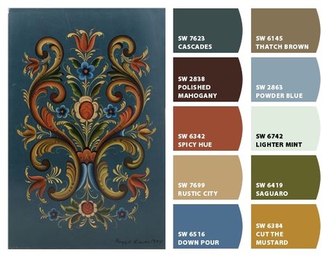 "Rosemaling-Norwegian Tradition" Color Palette Inspiration Chip It! by Sherwin-Williams – Home Nashville Color Palette, Arts And Crafts Color Palette, Norwegian Color Palette, Norway Color Palette, Folk Art Color Palette, Traditional Tattoo Color Palette, Tattoo Color Palette, Traditional Colour Palette, Traditional Color Palette