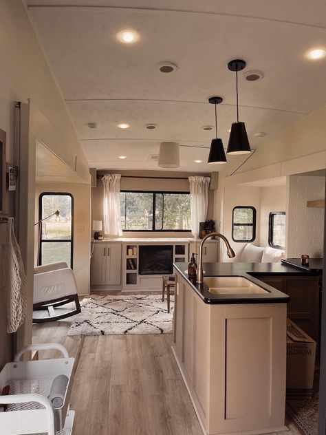 White Ceiling Design, 5th Wheel Camper Remodel, Renovated Trailer, Rv Aesthetic, Neutral Wall Color, Wooden Ceiling Beams, Grand Design Rv, Tiny Mobile House, Rental Home Decor