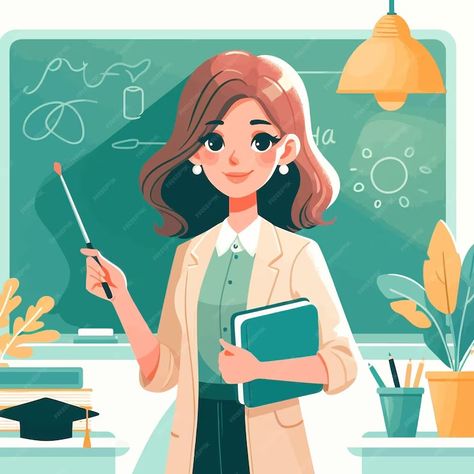 Premium Vector | A picture of a woman holding a pencil and a book with the words the teacher on it Teacher Pictures Aesthetic, Teacher Cartoon Aesthetic, Teacher Design Illustration, School Day Drawing, Teacher Vector Illustration, Being A Teacher Aesthetic, Teacher Teaching Drawing, Teacher Pictures Cartoon, School Teacher Photo