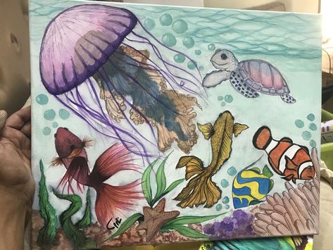 Bio Diversity Drawing, Life Under Water Painting, Easy Marine Life Drawing, Marine Life Painting Easy, Hot And Cold Color Drawing, Underwater Life Drawing, Life Under Water Drawing, Under Water Drawing, Marine Life Drawing