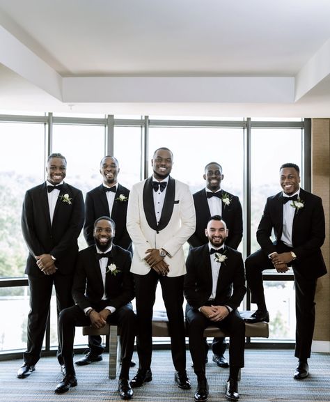 Wedding Ideas For Groomsmen Outfit, Black Suits For Groomsmen, Black Groomsman Suit, Nigerian Groomsmen Attire, Black Tuxedo Wedding Groomsmen, Black And White Groomsmen Attire, Groomsmen In All Black, All Black Groomsmen Attire, Black Tux Groomsmen