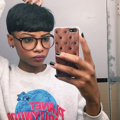 Just Us Black Women Pixiecut Hairstyles, Shaved Pixie Cut, Shaved Pixie, Hair Laid, Dope Hairstyles, Bowl Cut, Cute Cuts, Hair Crush, Wearing Glasses