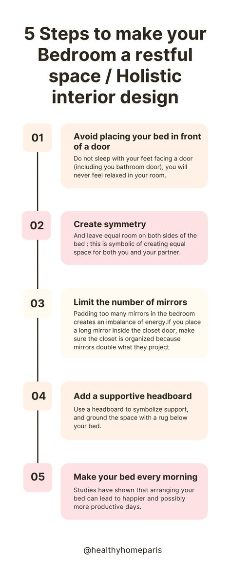 5 steps to make your bedroom a restful space - Holistic Interior Design - Modern Feng Shui and Holistic home interior design / architecture for a healthy home and happy living. Tips from a Parisian interior designer. Feng Shui Bedroom Decoration Interior Design, Small Bedroom Fung Shway, Bedroom Fung Shway, Holistic Bedroom Ideas, Feng Shui Living Room Layout Furniture, Holistic Home Design, Fungshway Bedroom, Feng Shui Home Layout, Holistic Interior Design