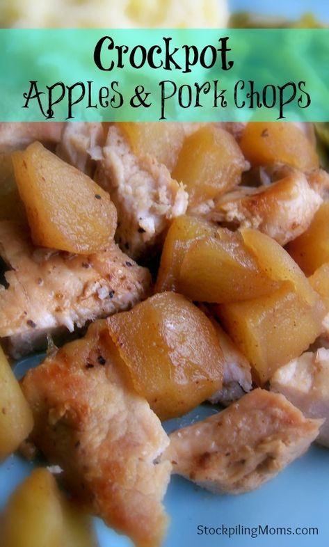 Only 6 ingredients in this flavorful Crockpot Apples and Porkchops dinner! Apple Pork Chops Crockpot, Slow Cooker Chicken Whole, Porkchops Crockpot, Crockpot Apples, Peanut Stew Vegan, Crock Pot Baked Potatoes, Fall Crockpot, Chicken Gnocchi Soup Recipe, Crockpot Apple