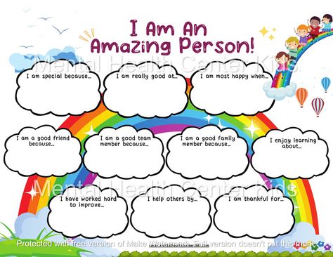 "I Am an Amazing Person" Worksheet – Mental Health Center Kids Kids Therapy Worksheets, Cbt For Kids, Self Confidence Building For Kids, Therapy Worksheets For Kids, Self Esteem Crafts, Self Esteem Activities For Kids, Mental Health For Kids, Expressive Therapy, Kids Therapy