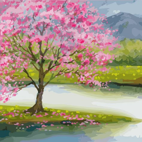 Spring Landscape Watercolor Painting, Composition Drawing, Easy Landscape Paintings, Cute Eyes Drawing, Beauty In Art, Sakura Tree, Spring Landscape, Flower Landscape, Watercolor Trees