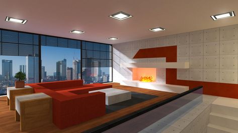 Minecraft Fireplace, Minecraft Living Room Ideas, Fireplace Exterior, Minecraft Living Room, High Rise Apartment, Modern Minecraft Houses, Minecraft City Buildings, Minecraft Interior, Minecraft Interior Design