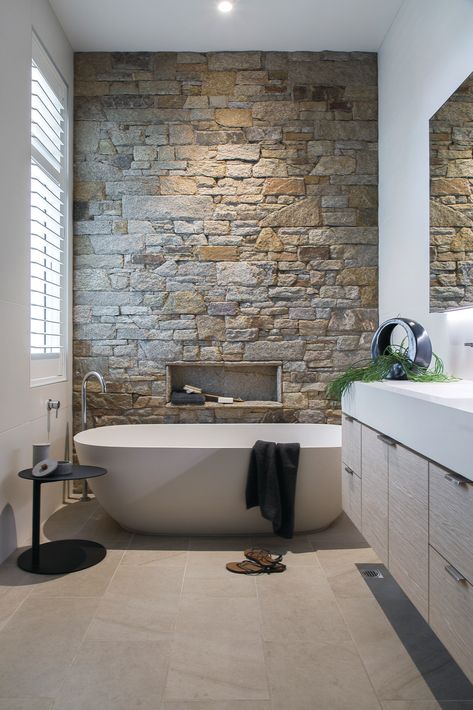 Bathroom Stone Wall, Stone Bathroom, Stone Walls, Stone Wall, Bathroom Inspiration, Bathroom Interior Design, Feature Wall, Bathroom Interior, Belly Fat