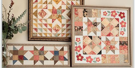 Skip the Binding for a Super Fast Finish! Quilt blocks and mini quilts look wonderful in frames and beautiful on a wall. Cluster several together for a lovely display of your quilting skills. Framing is a great way to get a quilt on display quickly, and to show off orphan blocks that may never see … Quilting Digest, Quilt Display, Hanging Quilts, Quilts Decor, Quilting Frames, Quilt Storage, Quilting Room, Miniature Quilts, Old Quilts