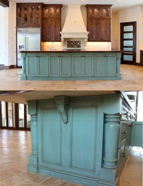 How to: Paint cabinets (secrets from a professional). All the tips and tricks you will ever need to know, straight from a faux painter. Gorgeous, giant  turquoise island, with antique glaze finish. Theraggedwren.blogspot.com Top Kitchen Paint Colors, Antique Glaze, Pub Kitchen, Paint Cabinets, Kitchen Cabinet Color Ideas, Best Kitchen Cabinets, Antiquing Glaze, House Makeover, Bar Designs