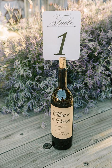 Elegant Lavender Wedding, Wine Bottle Table, Table Numbers Wedding Diy, Wedding Table Number Holders, Rustic Table Numbers, Custom Wine Bottles, Diy Table Numbers, Bottle Centerpieces, Rustic Wedding Table