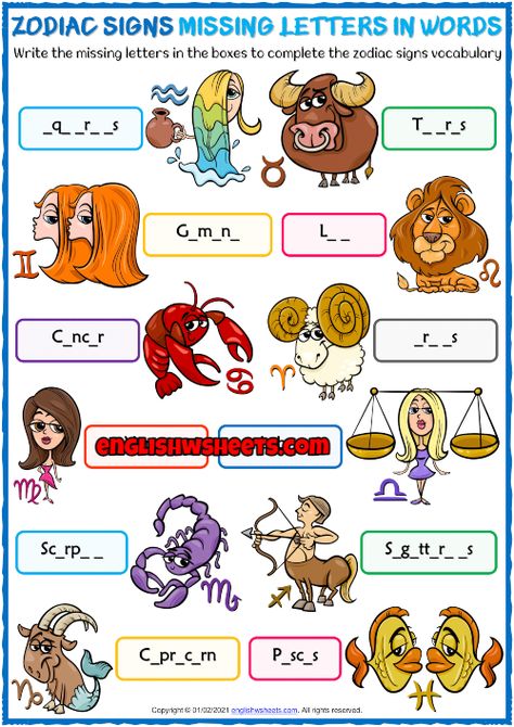 Zodiac Worksheet, Missing Letters, Esl Lesson Plans, Esl Activities, Worksheet For Kids, Signs Of The Zodiac, Esl Lessons, Esl Teachers, Learning Strategies