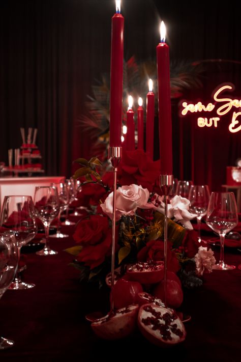 Red is the ultimate cure for sadness. Ruby Red Birthday Theme, Red Dinner Party Decor, 50 Shades Of Red Party Ideas, All Red Birthday Party, Dark Red Birthday Decorations, Red Rose Party Theme, Dark Red Birthday Party, Red Roses Birthday Party Ideas, Red Rose Themed Birthday Party