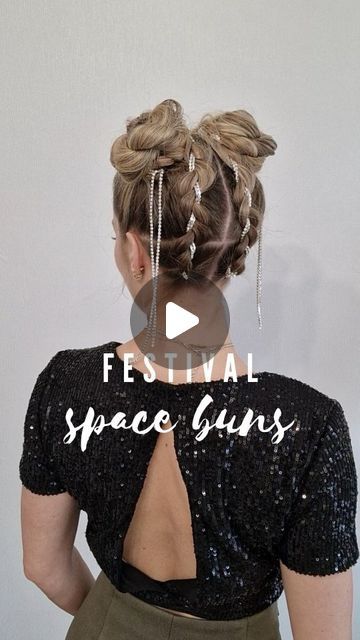 Rave Hair Space Buns, Festival Hair Space Buns, Space Buns For Short Hair, Space Hairstyles, Alien Hair, 2023 Festival, High Bun Hair, Eva Hair, Rave Hair