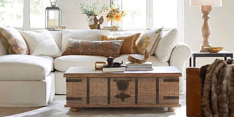 New Looks to Love Relaxed Rustic | Pottery Barn Wood Lift Top Coffee Table, Coffee Table Pottery Barn, Trunk Coffee Table, Coffee Table Trunk, Girls Dorm Room, Reclaimed Wood Coffee Table, Chest Coffee Table, Diy Simple, Lift Top Coffee Table