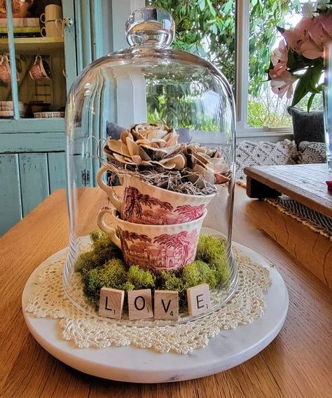 Vintage Cloche Decor, Milk Glass Valentines Decor, Vintage Valentine Decorating Ideas, Decorating A Cloche, Valentines Antique Booth Ideas, Mini Cloche Ideas, Valentine Cloche Ideas, Antique Valentines Decor, Valentine Booth Display Ideas