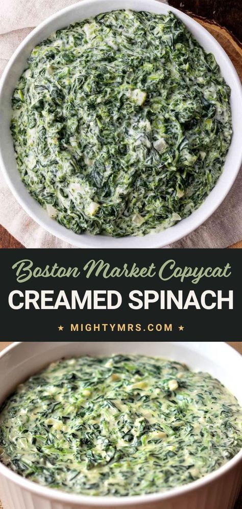 Creamed spinach was a favorite side dish of mine back when I worked at Boston Market. Now I make it homemade. Perfect holiday side dish! I love creamed spinach because it is so easy to make and is a great side dish instead of green bean casserole for holiday get-togethers which, for us, typically happens for birthdays and other holidays like Thanksgiving, Christmas or Easter. Boston Market Creamed Spinach, Creamed Spinach Casserole, Spinach Side Dish, Creamed Spinach Recipe, Boston Market, Spinach Casserole, Holiday Side Dish, Water Chestnuts, Holiday Side