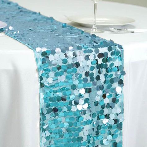 80s Gala, Banquet Table Decorations, Restaurant Table Tops, Turquoise Table, Sequin Table Runner, Head Tables, Sequin Table, Table Overlays, Restaurant Table