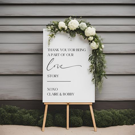 Our newest modern design for your wedding welcome sign is here. Thank you for being a part of our love story decal with your names and date if preferred. This design is available in multiple sizes and colors. Each design is individually sized to fit your space. #lovestory #thankyouforbeingapartofourlovestory #weddingsign #weddingsigns #weddingwelcomesign #weddingsigndecals https://kjaxdesigns.etsy.com/listing/1818049907/wedding-welcome-sign-decals-welcome Wedding Welcome Sign Ideas, Wedding Signs Wood, Welcome Sign Ideas, Modern Wedding Welcome Sign, Mirrors Wood, Modern Wedding Design, Floral Swags, Custom Wedding Decor, Wedding Welcome Board