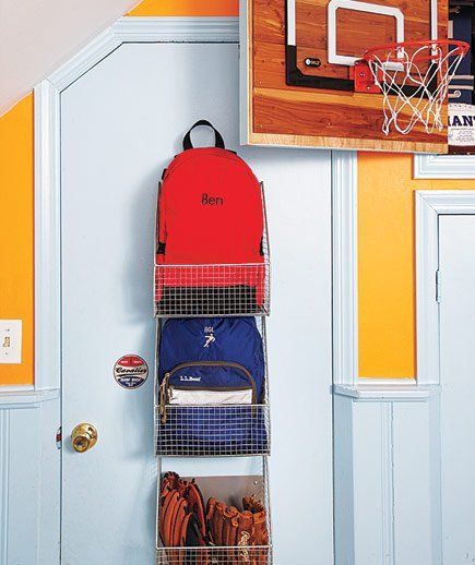 Over The Door Backpack Storage, Bedroom Backpack Storage, Storing Backpacks At Home, Kids School Bag Storage Ideas, How To Store Backpacks, Backpack Holder Ideas, Book Bag Storage Home, Overdoor Storage, Storage For Backpacks