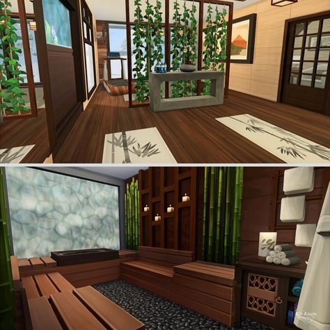 Sims 4 Gym Room Ideas, Indoor Spa Room Jacuzzi, Sims 4 Spa Interior, The Sims 4 Spa Ideas, Bloxburg Spa Ideas Layout, Sims Spa Ideas, Sims 4 Gym And Spa, Sims Gym Ideas, Sims 4 Spa Ideas