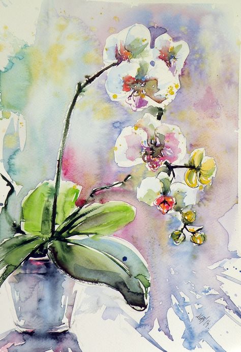 ARTFINDER: Orchidea by Kovács Anna Brigitta - Original watercolour painting on high quality watercolour paper. I love landscapes, still life, nature and wildlife, lights and shadows, colorful sight. Thes... Ako Kresliť, Watercolor Paintings For Beginners, Botanical Painting, Easy Watercolor, Beginner Painting, Watercolor Inspiration, Mini Canvas Art, Art Abstrait, Watercolor And Ink