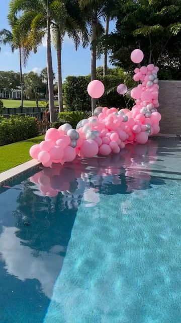 Backdrops & Events Rentals Miami on Instagram: "A lil poolside vibe Planning: @richardgrilleevents" Pool Deck Decorations, Pink Safari, Ocean Baby Showers, Pink Party Decorations, Pool Beach Party, Party Inspo, Pool Decor, Colourful Balloons, Pink Balloons