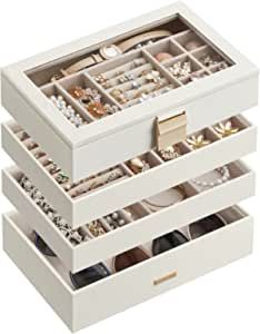 SONGMICS 4-Tier Jewelry Tray, Stackable Jewelry Box, Drawer Jewelry Organizer, with Glass Lid, Removable Dividers, for Vanity Table, 6.7 x 11 x 7.2 Inches, Gift Idea, White UJBC164W01 Drawer Jewelry Organizer, Stud Earring Organizer, Square Shelf, Jewelry Tray Organizer, Mirror Jewellery Cabinet, Jewelry Trays, Stackable Jewelry, Customizable Jewelry, Jewelry Cabinet