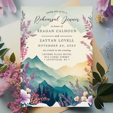 Watercolor Floral Spring Mountain Rehearsal Dinner Invitation Spring Mountains, Mountains Wedding, Mountain Wedding Invitations, Floral Save The Dates, Rehearsal Dinner Invitation, Beautiful Calligraphy, Paper Background Texture, Dinner Invitation, Pink Lilac