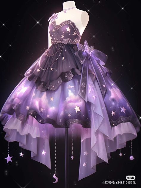 Purple Celestial Outfit, Purple Star Outfit, Moon Themed Outfits Drawing, Galaxy Dress Drawing, Fantasy Dress Short, Purple Star Dress, Purple Fantasy Dress, Purple Dress Style, Galaxy Outfit