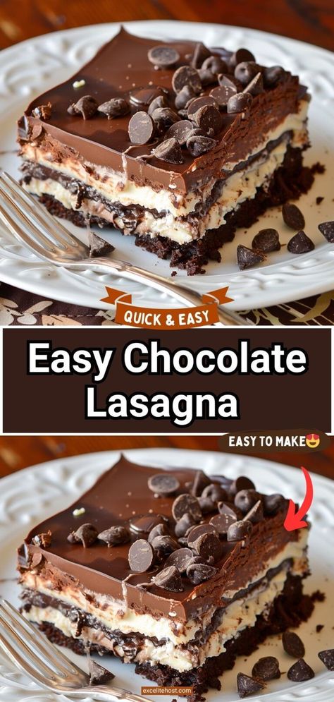 This no-bake chocolate lasagna has layers of crushed Oreos, cream, chocolate pudding and chocolate chips! Does it get any better than that?! Chocolate Cream Cheese Dessert, Easy Chocolate Lasagna, No Bake Chocolate Lasagna, Chocolate Lasagna Cake, Chocolate Lasagna Dessert, Chocolate Pudding Dessert, Chocolate Lasagna Recipe, Italian Desserts Easy, No Bake Chocolate Desserts