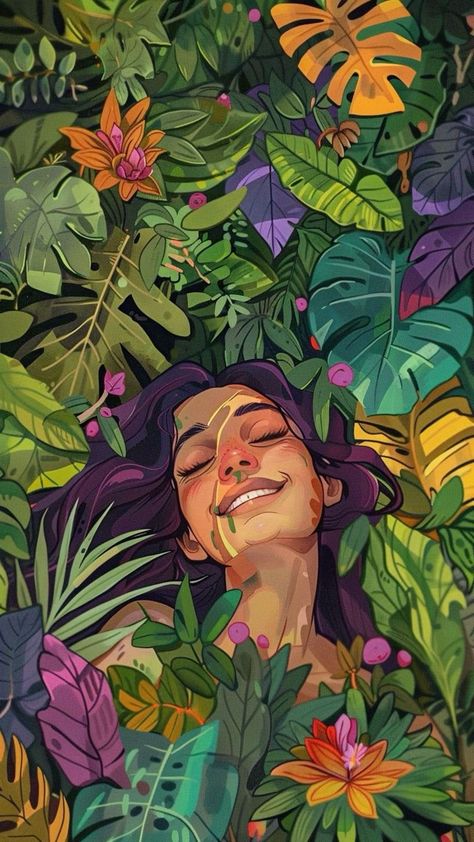 Smiling Woman Painting, Vibrant Character Design, Forest Aesthetic Painting, Woman Wallpaper Iphone, Wallpaper Iphone Inspiration, Woman Aesthetic Wallpaper, Wallpaper Vibrant, Dp Ideas, Smile Illustration