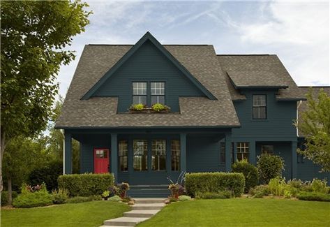 Look at the paint color combination I created with Benjamin Moore. Via @benjamin_moore. Body: Salamander 2050-10; Trim: Salamander 2050-10; Door: Caliente AF-290. Navy Blue Houses, Green Exterior Paints, Green Exterior House Colors, Green House Exterior, Best Exterior House Paint, Benjamin Moore Exterior, House Paint Color Combination, Brown Roof, Color Combinations Paint