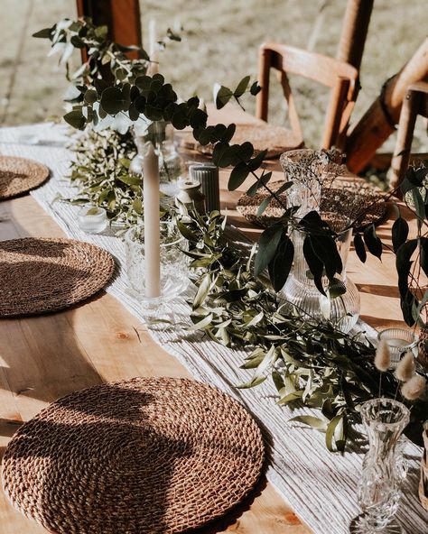 Wooden Table Runner Wedding, Brown Table Runner Wedding, Place Mats Wedding, Wedding Place Settings Dried Flowers, Rattan Placemats Table Settings Wedding, Greenery Table Runner, Rattan Table Mat Wedding, Wedding Table Styling, Handmade Signage