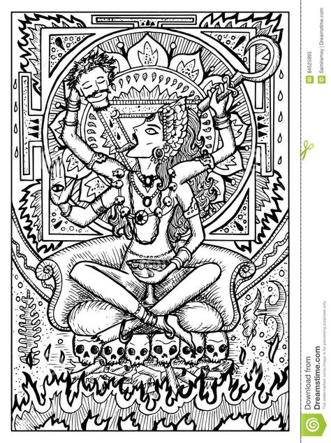 Hindi Goddess, Doodle Template, Goddess Of Destruction, Magic Creatures, Coloring Pages Ideas, Pages Ideas, Goddess Kali, Drawing Graphic, Hindu Goddess