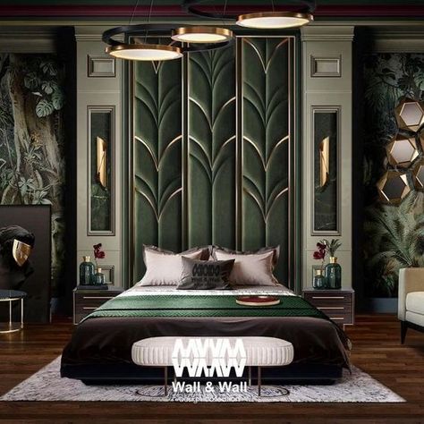 Green Luxury Bedroom, Wall Bed Decor, Luxurious Bedrooms Master Romantic, Luxurious Bedrooms Master, Headboard Luxury, Green Luxury, Luxury Room Bedroom, Bedroom Interior Design Luxury, Wooden Bed Design