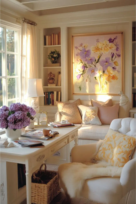 A feminine home office with a white desk, purple flowers, pastel cushions, and a large floral painting, creating an elegant and inviting workspace Alice Lane Home Office, Pink Accent Office, Window Office Design, Feminine Interior Design Inspiration, Nancy Meyers Home Office, Home Office Female, Funky Office Space, Cottage Core Office Ideas, Whimsical Home Office