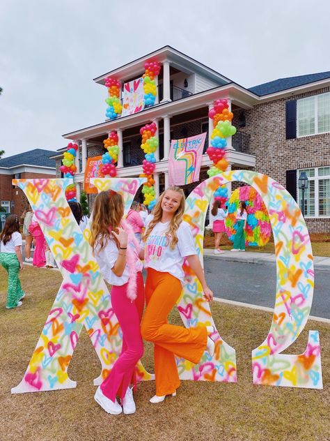 Neon Bid Day Theme, 80s Sorority Theme, Neon Sorority Theme, Recruitment Themes Ideas, New Bids On The Block Bid Day, Electric Love Bid Day, Neon Bid Day, Unique Bid Day Themes, Chi Omega Bid Day