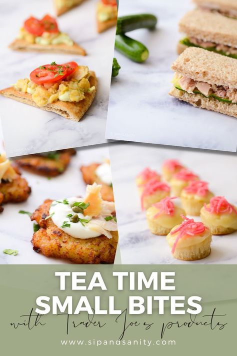 Afternoon Tea Appetizers, Keto Tea Party Recipes, Easy Tea Time Recipes, Trader Joes Tea Party, Afternoon Tea Savory Bites, Tea Brunch Ideas, Savory Tea Food, Tea Party Food Ideas For Adults Simple, Sandwiches For Afternoon Tea