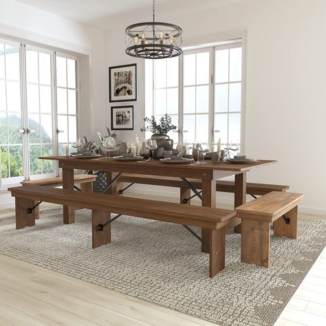 PRICES MAY VARY. Farmhouse Dining Set: Deliver delicious meals to the family on this rustic dining table with bench seating to accommodate a family of twelve. This beautiful folding dining table is sturdy enough to use in restaurants to create a country-rustic atmosphere. Rustic Craftsmanship: .75" thick plank top with 4" thick apron, solid pine construction Solid wood dining room table set designed for the home, suitable for restaurants Country-chic design conforms in modern environments PRODUC Rustic Dining Room Sets, Farmhouse Dining Table Set, Rustic Farm Table, Farmhouse Dining Set, Modern Farmhouse Dining, Solid Wood Dining Set, Rustic Dining Room, Bench Set, Farmhouse Dining Table