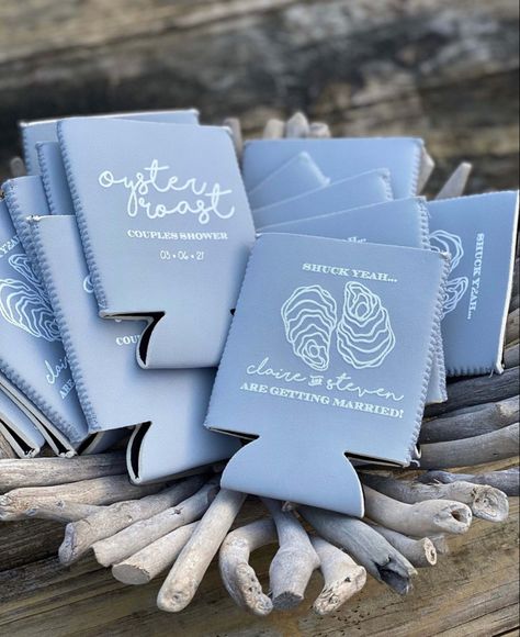 Its About Shucking Time Wedding, About Shucking Time Wedding, The World Is Your Oyster Bridal, Oyster Roast Decorations, Engagement Koozie Ideas, The World Is Your Oyster Party Theme, Coastal Rehearsal Dinner Ideas, Oyster Roast Engagement Party Ideas, Coastal Wedding Bridal Party