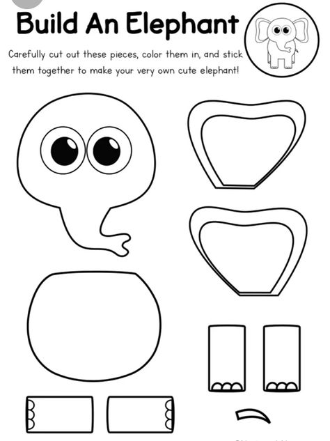 Build An Elephant Printable, Elephant Worksheet, Elephant Cut Out, Elephant Craft, Black And White Elephant, Elephant Template, Circus Crafts, Elephant Printable, Elephant Crafts