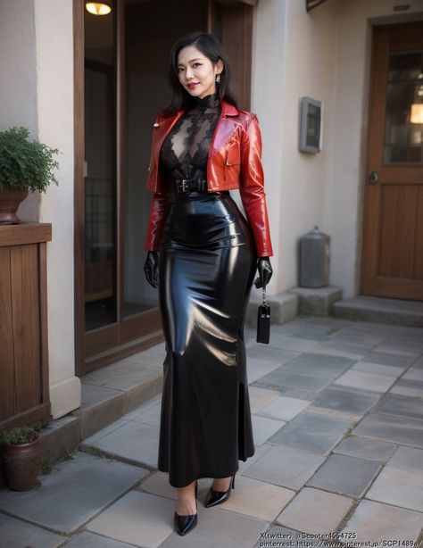 Pvc Skirt, Leather Outfits Women, Myanmar Clothes, Latex Skirt, Cape Cloak, Cloak Coat, Shiny Clothes, Long Skirts, Leather Outfit