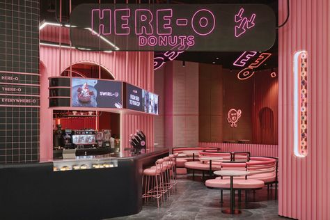 Pink Restaurant, Pink Interiors, Donut Store, Pink Palette, Renovation Design, Hospitality Projects, Pink Interior, Interior Design Studio, Brand Design