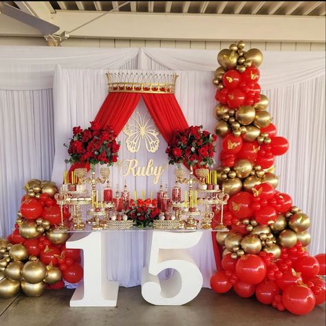 Red And Gold Butterfly Theme, Quince Chair, Quince Decorations Red, Red And Gold Quinceanera Decorations, Sweet 15 Decorations, Red Quinceanera Theme, Red Quince Theme, Sweet 16 Party Planning, Red Quinceanera Ideas