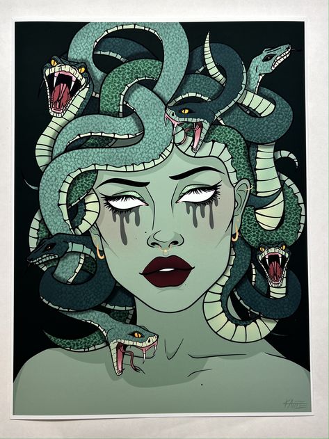 Medusa Pictures, Medusa Painting, Medusa Drawing, Snake Painting, Medusa Gorgon, Medusa Art, Arte Grunge, Green Snake, Greek Mythology Art