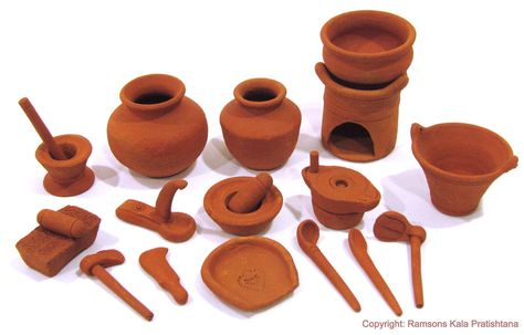 Clay Kitchen Set, Miniature Clay Pots, Toy Kitchen Set, Dollhouse Miniatures Kitchen, Miniature Pottery, Indian Dolls, Traditional Toys, Wedding Doll, Miniature Kitchen