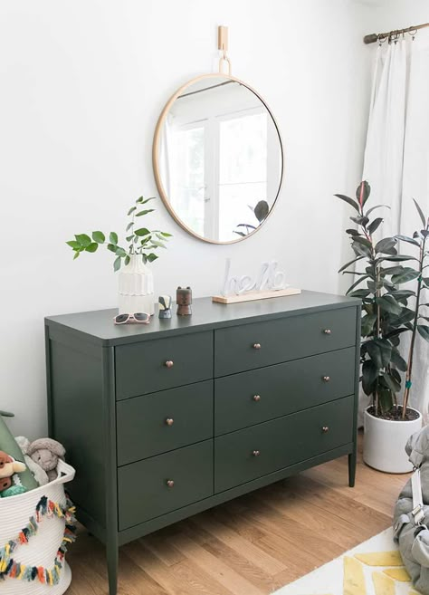 Bright And Airy Bedroom, Dresser Revamp, Dresser Inspo, Boys Room Ideas, Mirrored Bedroom, Olive Green Bedrooms, Green Bedroom Furniture, Airy Bedroom, Green Dresser