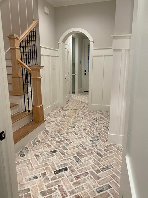 Herringbone Brick Floor, Pantry Door Ideas, Herringbone Brick, Brick Floor, Kitchen Transformation, The Staircase, Brick Flooring, Farmhouse House, Pantry Door